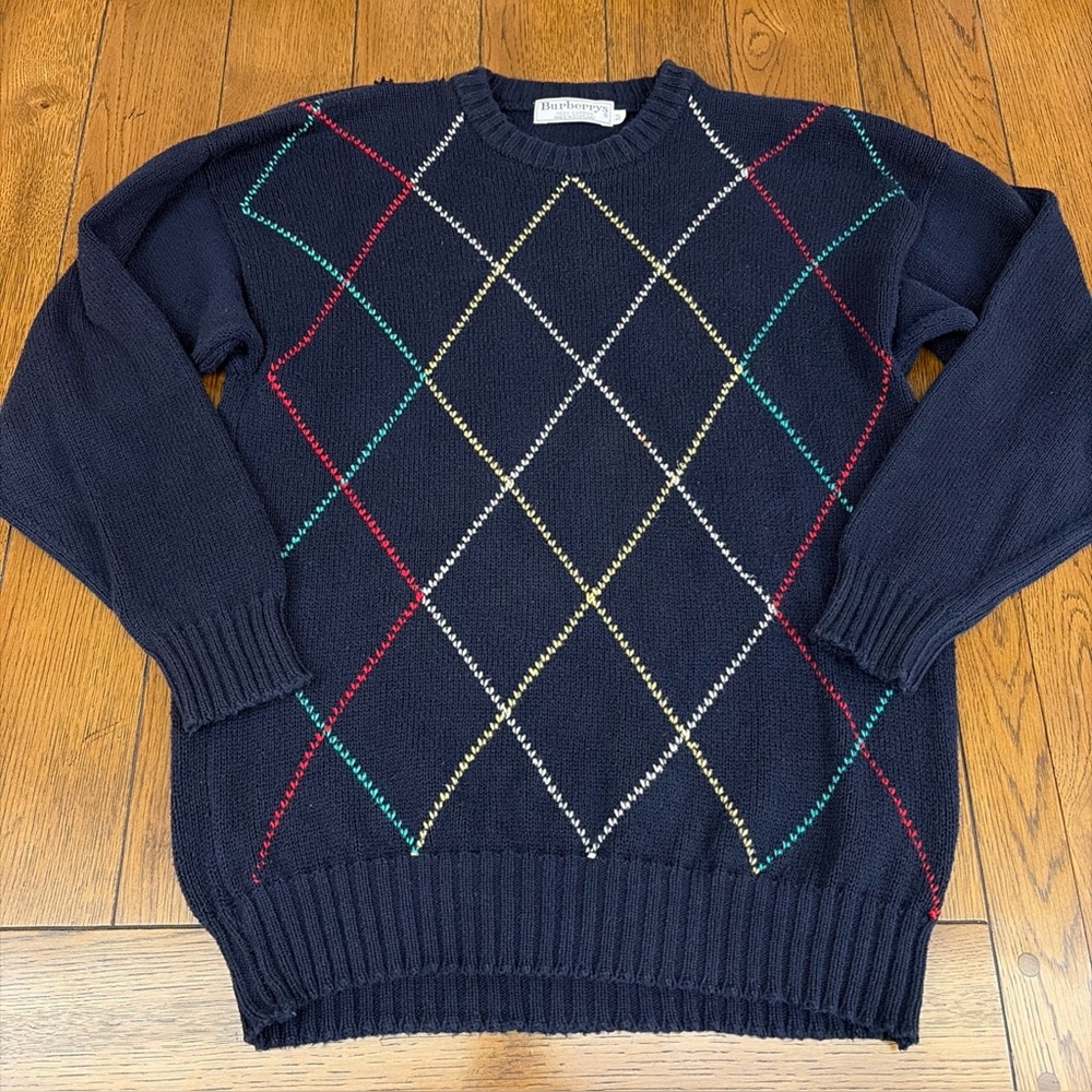 Vintage Burberry’s 100% Cotton Argyle Sweater Made Scotland Size Medium Read